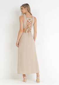 Born2be - Beżowa Trapezowa Sukienka Maxi z Wycięciami Amandika. Kolor: beżowy. Typ sukienki: trapezowe. Długość: maxi #4