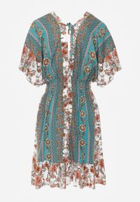 Born2be - Biało-Zielona Sukienka Mini z Wiskozy z Gumkami w Talii z Falbanką Hypalina. Kolor: zielony. Materiał: wiskoza. Długość: mini #3