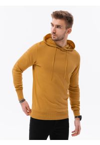 Ombre Clothing - Męska bluza dzianinowa z kapturem - musztardowa V4 B1532 - XXL. Typ kołnierza: kaptur. Kolor: żółty. Materiał: dzianina