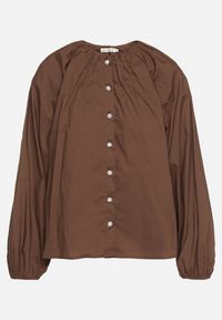 Born2be - Brązowa Marszczona Koszula Bawełniana w Stylu Retro z Biżuteryjnymi Guzikami Zenorae. Okazja: na co dzień. Typ kołnierza: bez kołnierzyka. Kolor: brązowy. Materiał: bawełna. Długość rękawa: długi rękaw. Długość: długie. Wzór: aplikacja. Styl: retro #2