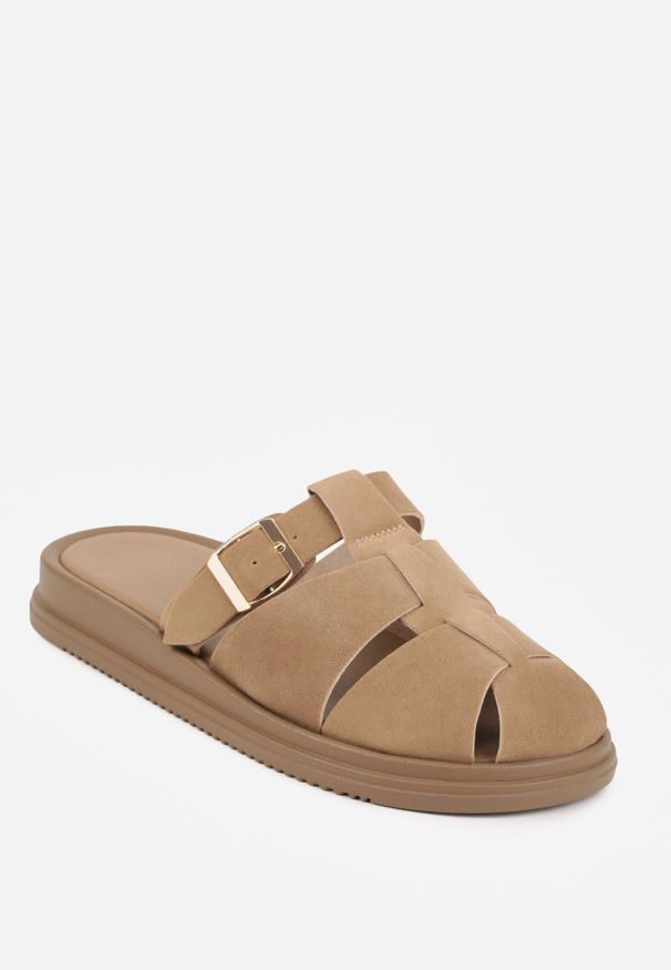 Born2be - Ciemnobeżowe Klapki z Paskami i Kwadratową Sprzączką Olyndar. Okazja: na co dzień. Kolor: beżowy. Materiał: jeans. Sezon: lato. Styl: casual