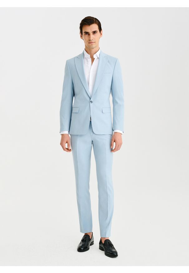 Pako Lorente - PAKO LORENTE - Błękitna marynarka garniturowa. Kolor: niebieski. Materiał: bawełna, wiskoza, elastan. Wzór: gładki