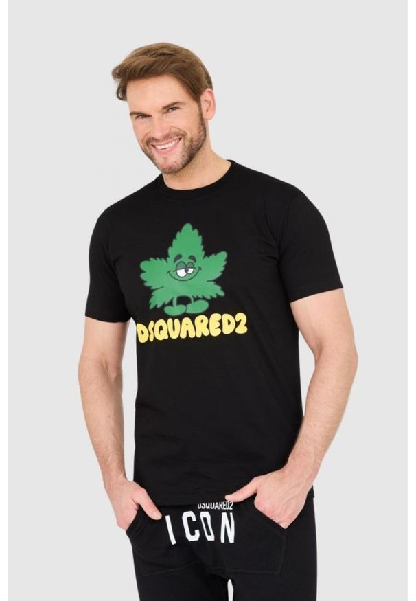 DSQUARED2 Czarny męski t-shirt z logo i zielonym liściem, Rozmiar XL. Kolor: czarny
