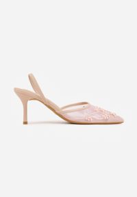 Renee - Różowe Szpilki VICES Slingback z Noskami w Szpic Ozdobionymi Haftem i Koralikami Laraidina. Zapięcie: pasek. Kolor: różowy. Materiał: satyna. Wzór: haft, aplikacja. Obcas: na szpilce #6