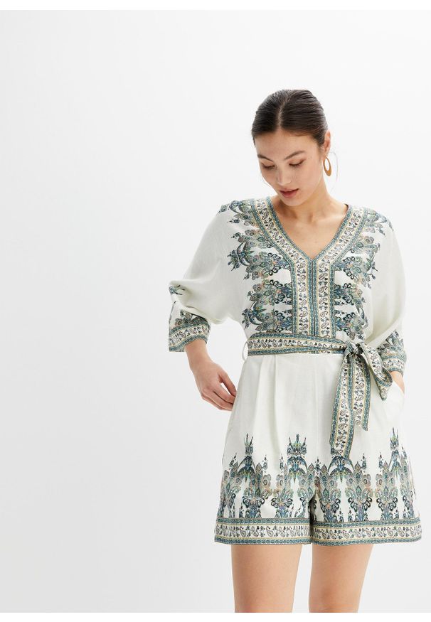 bonprix - Kombinezon z domieszką lnu. Kolor: beżowy. Materiał: len. Styl: elegancki