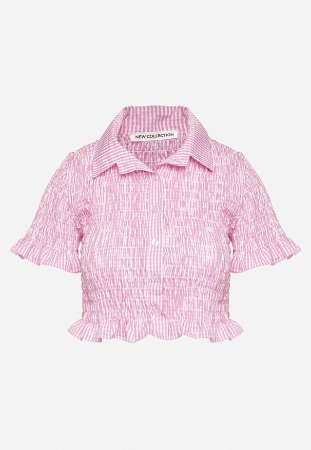 Born2be - Różowa Elastyczna Koszula w Kratkę Vichy o Krótkim Kroju Sovzeri. Okazja: na co dzień. Kolor: różowy. Materiał: jeans, materiał. Długość: krótkie. Wzór: kratka. Styl: klasyczny, casual