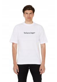 Balenciaga - BALENCIAGA Biały t-shirt z czarnym logo. Kolor: biały. Materiał: len #5
