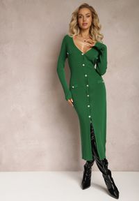 Renee - Ciemnozielona Dzianinowa Sukienka Midi na Guziki Lilaccia. Kolor: zielony. Materiał: dzianina. Typ sukienki: dopasowane, rozkloszowane. Długość: midi