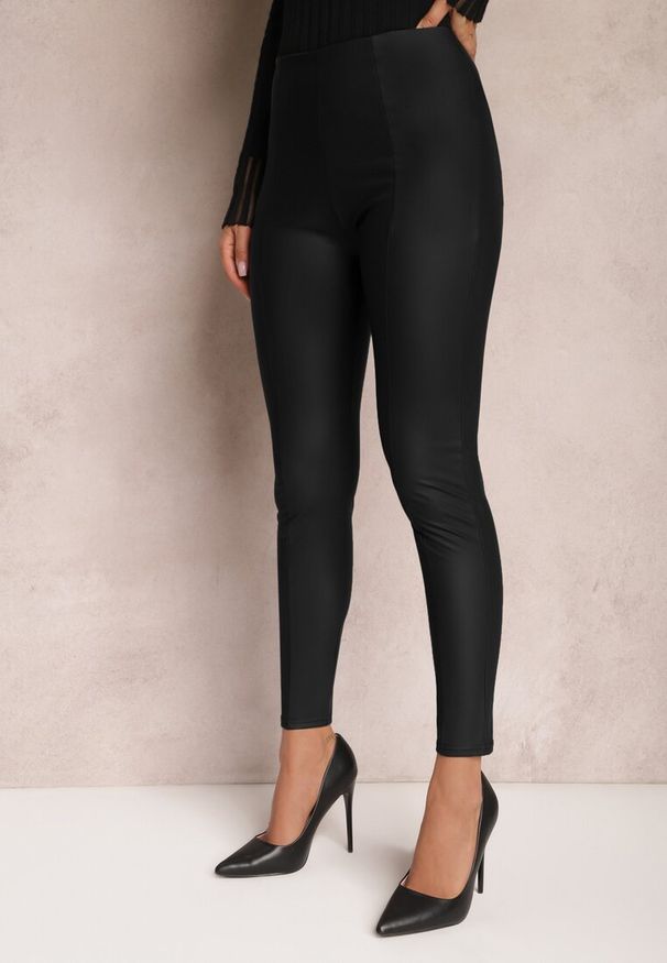 Renee - Czarne Legginsy High Waist z Imitacji Skóry z Gumką w Pasie Boggera. Stan: podwyższony. Kolor: czarny. Materiał: skóra. Sezon: jesień, zima
