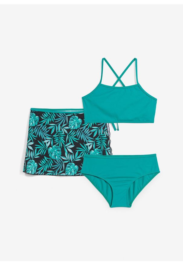 bonprix - Bikini + spódniczka (3 części). Kolor: zielony