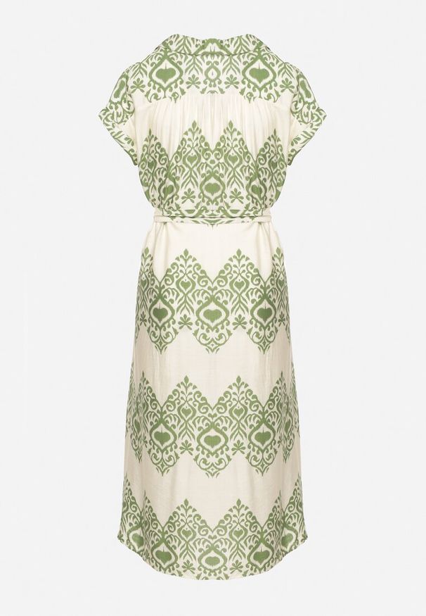 Born2be - Zielono-Beżowa Taliowana Sukienka Boho z Wiskozą Wiązana w Talii Paskiem Losofia. Okazja: na co dzień. Typ kołnierza: dekolt w kształcie V. Kolor: zielony. Materiał: wiskoza. Długość rękawa: krótki rękaw. Wzór: aplikacja. Sezon: lato. Styl: boho