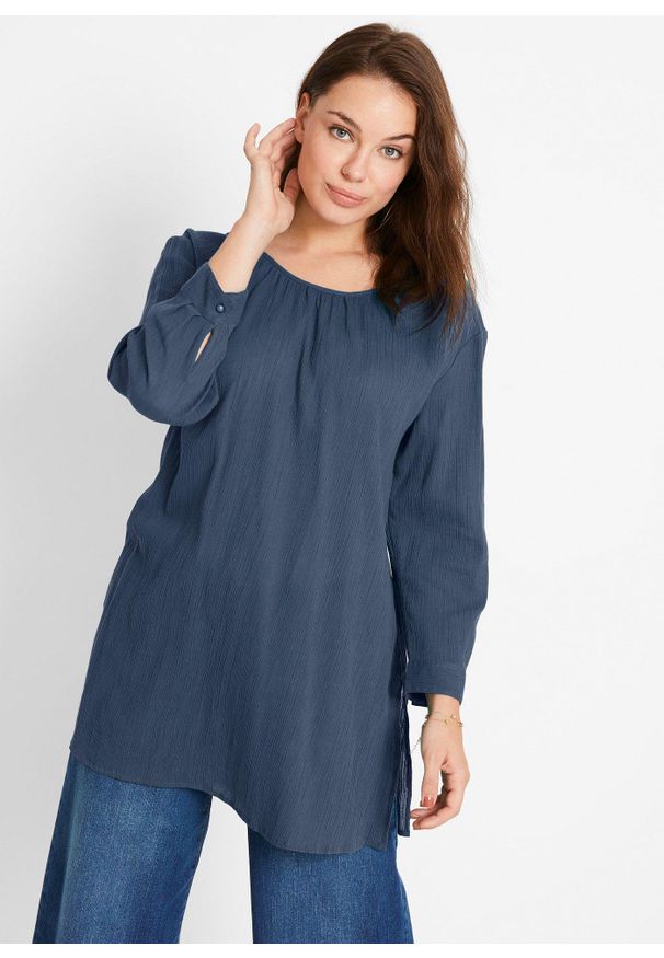 bonprix - Długa tunika z bawełny. Kolor: niebieski. Materiał: bawełna. Długość rękawa: długi rękaw. Długość: długie