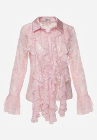 Born2be - Różowa Koszula Koronkowa z Wiskozy z Bawełną Ozdobiona Falbanami Hermerine. Kolor: różowy. Materiał: wiskoza, bawełna, koronka. Wzór: aplikacja. Styl: elegancki, klasyczny #4
