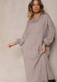 Renee - Beżowa Sweterkowa Sukienka z Wiskozą o Pudełkowym Kroju Ozdobiona Kołnierzykiem Clarinnae. Kolor: beżowy. Materiał: wiskoza. Wzór: aplikacja. Styl: elegancki #3