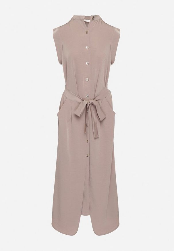 Born2be - Brązowa Sukienka Koszulowa o Rozkloszowanym Kroju z Wiązaniem w Pasie Mavirielle. Okazja: na co dzień. Typ kołnierza: dekolt w serek. Kolor: brązowy. Materiał: skóra. Długość rękawa: długi rękaw. Typ sukienki: koszulowe. Styl: casual, elegancki