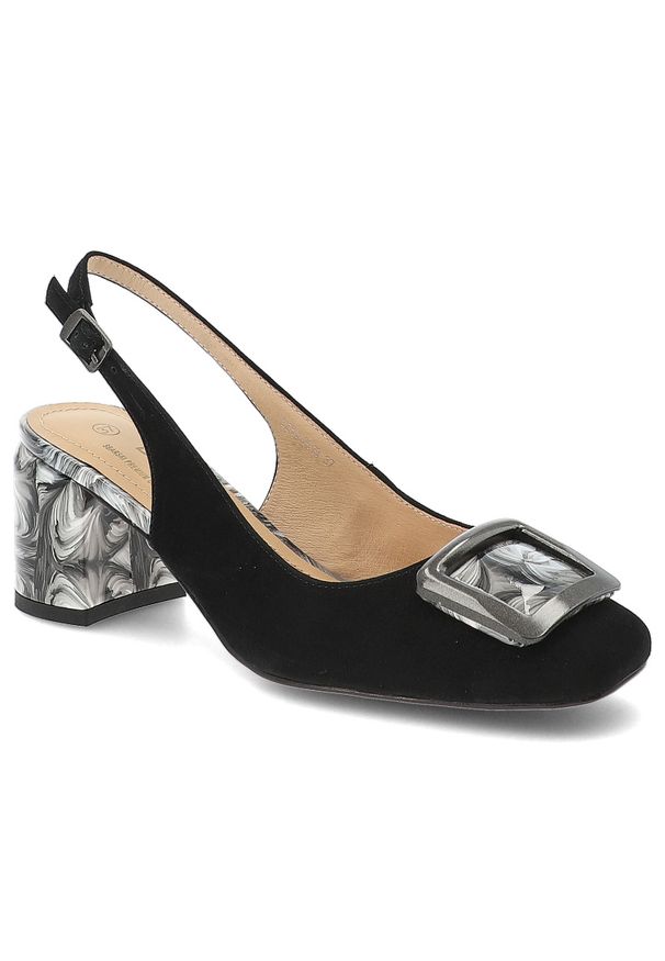 Czółenka damskie S.Barski, ze skóry naturalnej zamszowej odkryta pięta pasek z regulacją ozdobna klamra stabilny obcas elegancki styl, czarne, LZ61-2. Zapięcie: klamry. Kolor: czarny. Materiał: zamsz, skóra. Obcas: na obcasie. Styl: elegancki. Wysokość obcasa: średni