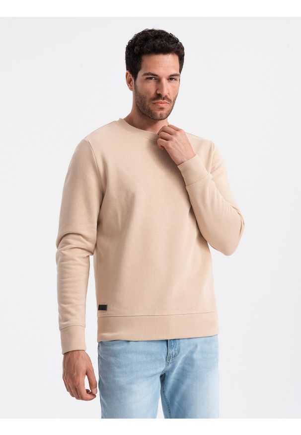Ombre Clothing - Nierozpinana męska bluza dresowa BASIC – beżowa V6 - Rozmiar: L. Okazja: na co dzień. Kolor: beżowy. Materiał: dresówka. Wzór: gładki. Styl: klasyczny, casual