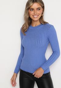 Born2be - Niebieski Prążkowany Sweter z Bawełną Mevin. Okazja: na co dzień. Kolor: niebieski. Materiał: bawełna, prążkowany. Styl: elegancki, casual #3