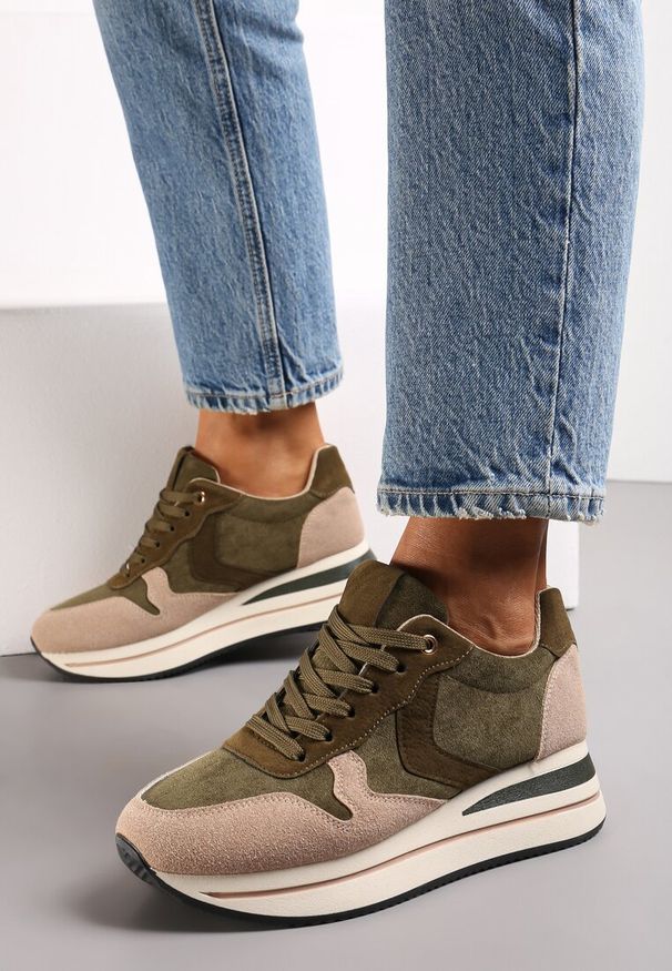 Renee - Zielone Sneakersy przed Kostkę na Grubej Podeszwie Raviva. Wysokość cholewki: przed kostkę. Kolor: zielony, beżowy