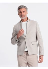 Ombre Clothing - Melanżowa męska marynarka z dodatkiem rayonu ze stójką – beżowy melanż V3. Okazja: na co dzień. Typ kołnierza: kołnierzyk stójkowy. Kolor: beżowy. Materiał: tkanina, skóra, zamsz, poliester, materiał. Wzór: melanż. Styl: klasyczny, casual #7