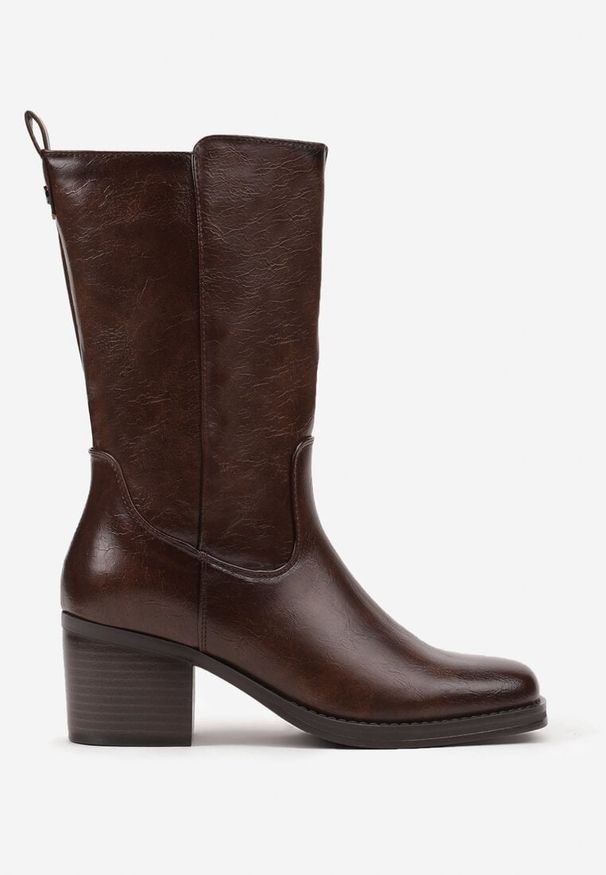 Born2be - Ciemnobrązowe Botki na Obcasie w Stylu Sztybletów z Lekkim Ociepleniem Terelle. Okazja: na co dzień. Kolor: brązowy. Materiał: jeans. Obcas: na obcasie. Styl: elegancki, casual. Wysokość obcasa: średni
