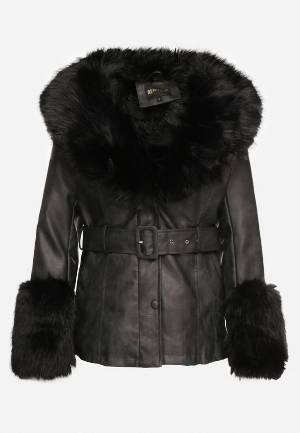 Born2be - Czarna Kurtka z Imitacji Skóry z Futrzanymi Wstawkami i Paskiem Etinara. Okazja: na co dzień. Kolor: czarny. Materiał: skóra, futro. Długość rękawa: długi rękaw. Długość: długie. Sezon: zima. Styl: casual, elegancki