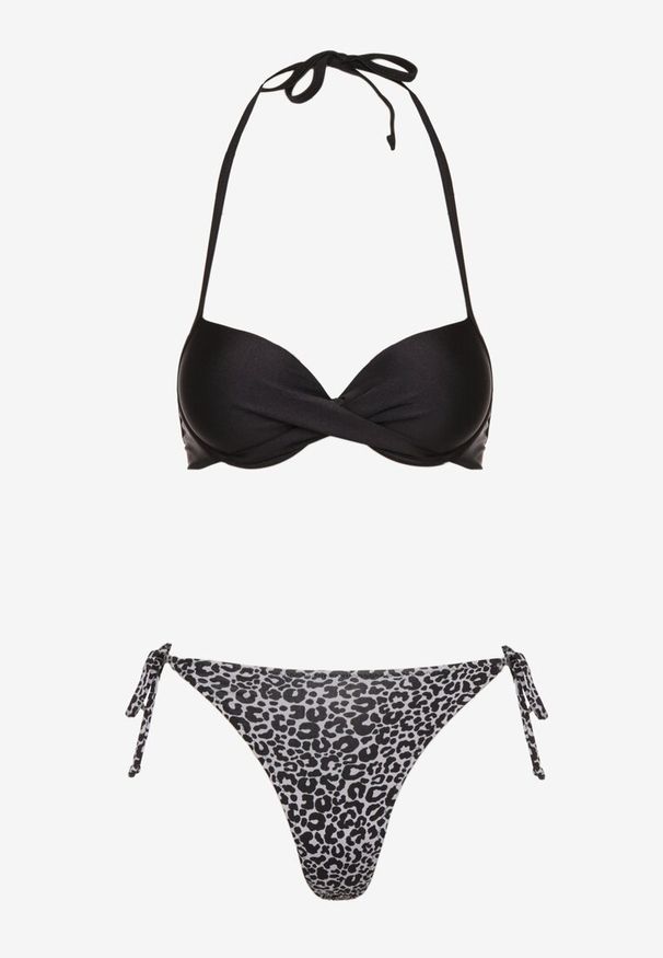 Born2be - Czarne Bikini Biustonosz i Majtki Figi z Wiązaniem Savlene. Kolor: czarny. Wzór: haft, aplikacja