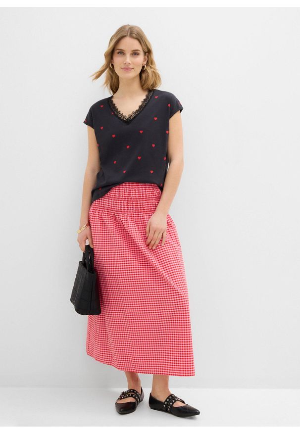 bonprix - T-shirt z czystej bawełny. Typ kołnierza: dekolt w serek. Kolor: czarny. Materiał: bawełna. Wzór: nadruk