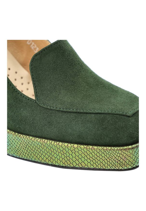 Zielone Półbuty Armodo Damskie Eleganckie Buty. Zapięcie: bez zapięcia. Kolor: zielony. Szerokość cholewki: normalna. Wzór: aplikacja. Materiał: skóra, zamsz. Sezon: wiosna. Obcas: na obcasie. Styl: elegancki. Wysokość obcasa: średni