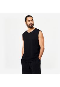 DOMYOS - Koszulka bez rękawów męska Domyos Gym & Pilates 500. Kolor: czarny. Materiał: materiał, prążkowany, bawełna, tkanina, elastan. Długość rękawa: bez rękawów. Wzór: ze splotem. Styl: sportowy, klasyczny