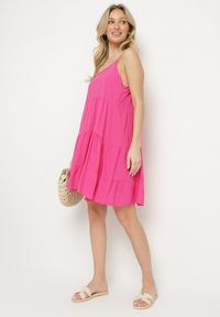 Born2be - Fuksjowa Rozkloszowana Sukienka z Bawełny na Ramiączkach z Falbanami Lilivane. Okazja: na spacer, na co dzień. Kolor: różowy. Materiał: bawełna. Długość rękawa: na ramiączkach. Sezon: wiosna, lato. Typ sukienki: proste. Styl: casual #6