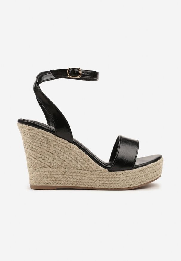 Renee - Czarne Sandały w Stylu Boho na Plecionym Koturnie Tenarea. Okazja: na plażę, na co dzień, na spacer. Nosek buta: otwarty. Zapięcie: pasek. Kolor: czarny. Obcas: na koturnie. Styl: boho