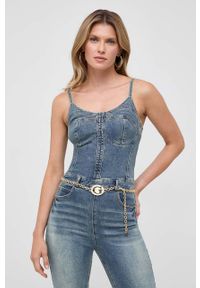 Guess kombinezon jeansowy kolor niebieski z dekoltem w szpic. Kolor: niebieski. Materiał: jeans. Długość rękawa: na ramiączkach #4