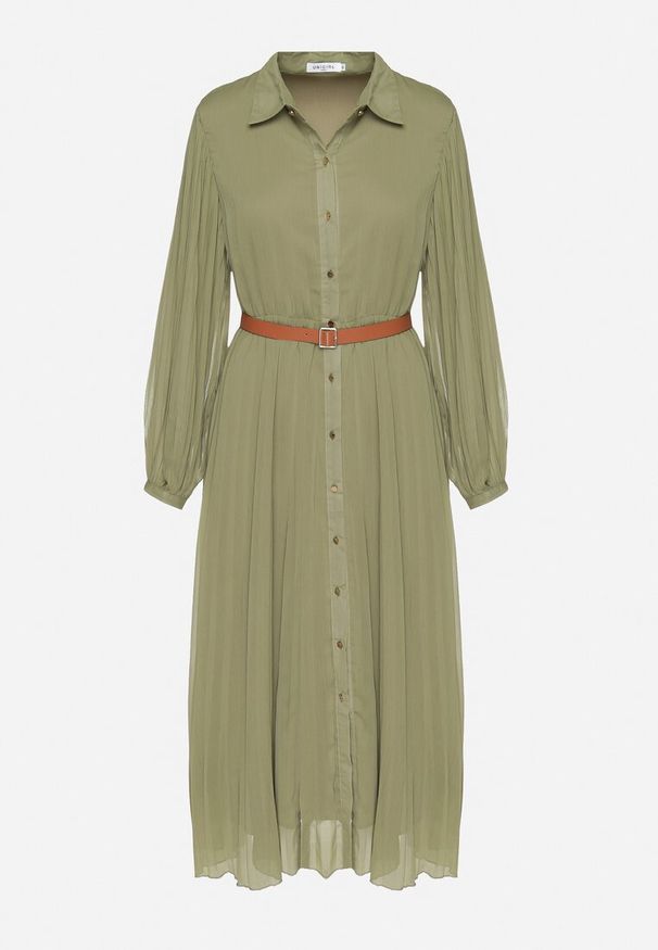 Born2be - Zielona Plisowana Sukienka o Koszulowym Kroju z Dodatkowym Paskiem Mialessa. Okazja: na co dzień. Kolor: zielony. Materiał: materiał. Typ sukienki: koszulowe. Styl: klasyczny, casual, elegancki