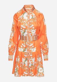 Born2be - Pomarańczowa Sukienka Koszulowa w Kwiatowy Wzór z Bufiastymi Rękawami i Paskiem Aladira. Okazja: na co dzień. Kolor: pomarańczowy. Wzór: kwiaty. Typ sukienki: koszulowe. Styl: casual, elegancki #6