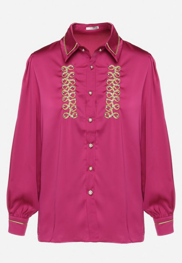 Born2be - Fuksjowa Satynowa Koszula z Kołnierzykiem Ozdobiona Cyrkoniami i Perełkami Classa. Kolor: różowy. Materiał: satyna. Wzór: aplikacja. Styl: elegancki