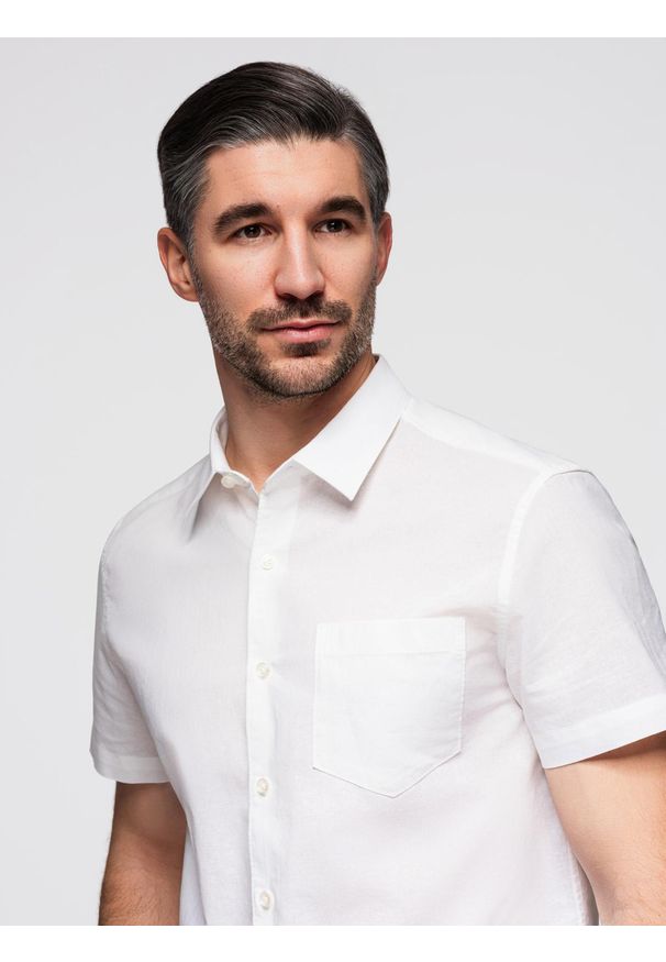 Ombre Clothing - Męska koszula z lnu i bawełny z krótkim rękawem i kieszonką – złamana biel V1 - Rozmiar: M. Materiał: len, bawełna. Długość rękawa: krótki rękaw. Długość: krótkie. Sezon: lato