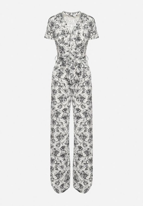 Born2be - Biało-Czarny Kombinezon w Kwiaty z Krótkim Rękawem i Dekoltem w Serek z Długimi Nogawkami Nestaanne. Okazja: na co dzień. Kolor: biały. Materiał: jeans. Długość rękawa: krótki rękaw. Długość: krótkie. Wzór: kwiaty. Styl: wizytowy, casual, elegancki