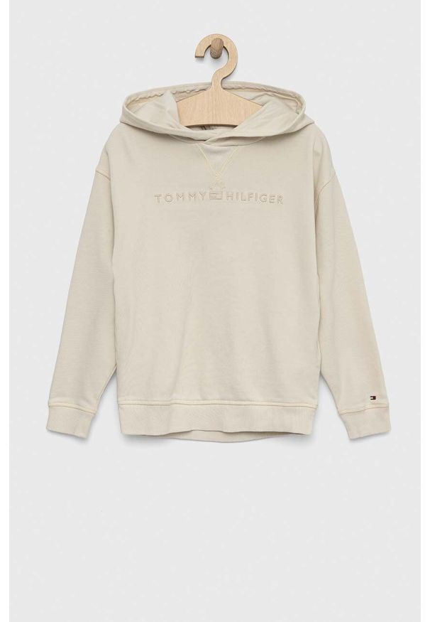 TOMMY HILFIGER - Tommy Hilfiger bluza bawełniana dziecięca kolor beżowy z kapturem z aplikacją. Typ kołnierza: kaptur. Kolor: beżowy. Materiał: bawełna. Wzór: aplikacja