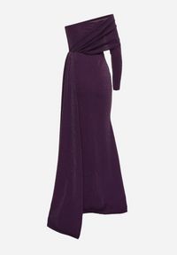 Born2be - Ciemnofioletowa Asymetryczna Sukienka Koktajlowa Ozdobiona Metaliczną Nicią i Trenem Emarielin. Kolor: fioletowy. Długość rękawa: długi rękaw. Wzór: aplikacja. Typ sukienki: asymetryczne. Styl: wizytowy. Długość: maxi #3