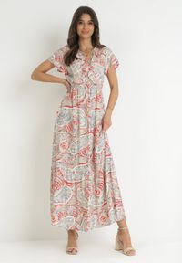 Born2be - Czerwona Sukienka z Wiskozy w Etno Wzór z Gumką w Talii Munira. Kolor: czerwony. Materiał: wiskoza. Styl: etno #4