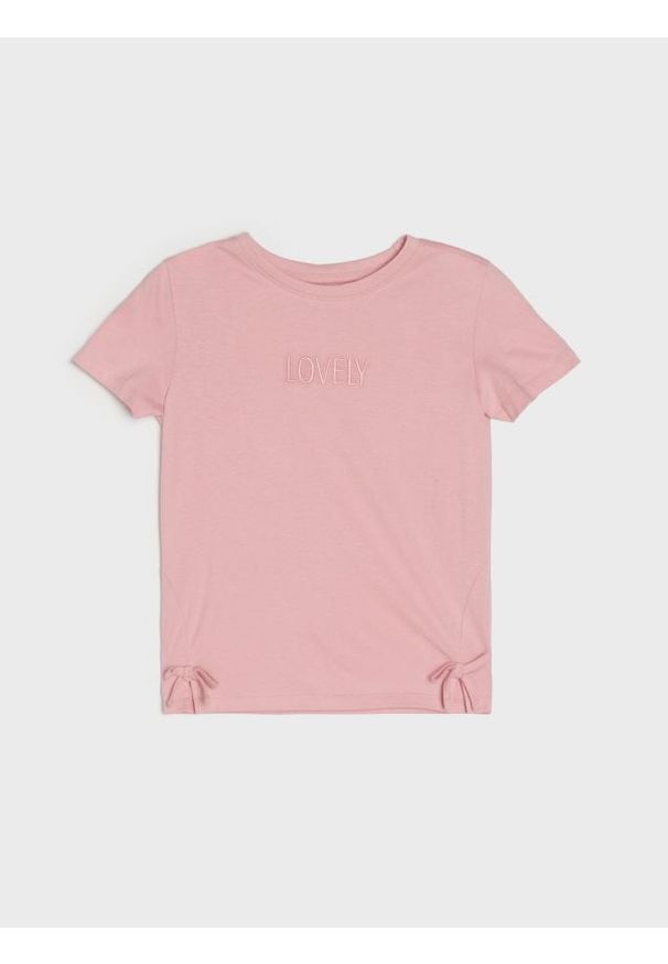 Sinsay - Bawełniana koszulka z haftowanym napisem - różowy. Kolor: różowy. Materiał: bawełna. Wzór: napisy, haft