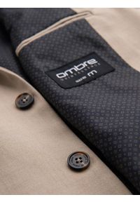 Ombre Clothing - Elegancka męska marynarka SLIM FIT z rayonem – beżowa V2 - Rozmiar: L. Kolor: beżowy. Materiał: tkanina, poliester, materiał. Wzór: ze splotem. Styl: elegancki #6