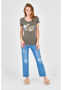 Guess - GUESS Damski zielony t-shirt ze zdobionym logo, Rozmiar XS. Kolor: zielony. Materiał: bawełna. Wzór: aplikacja #2