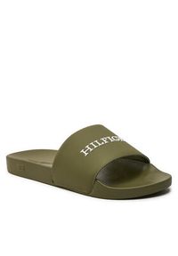 TOMMY HILFIGER - Tommy Hilfiger Klapki Hilfiger Raised Pool Slide FM0FM05022 Zielony. Kolor: zielony. Materiał: skóra