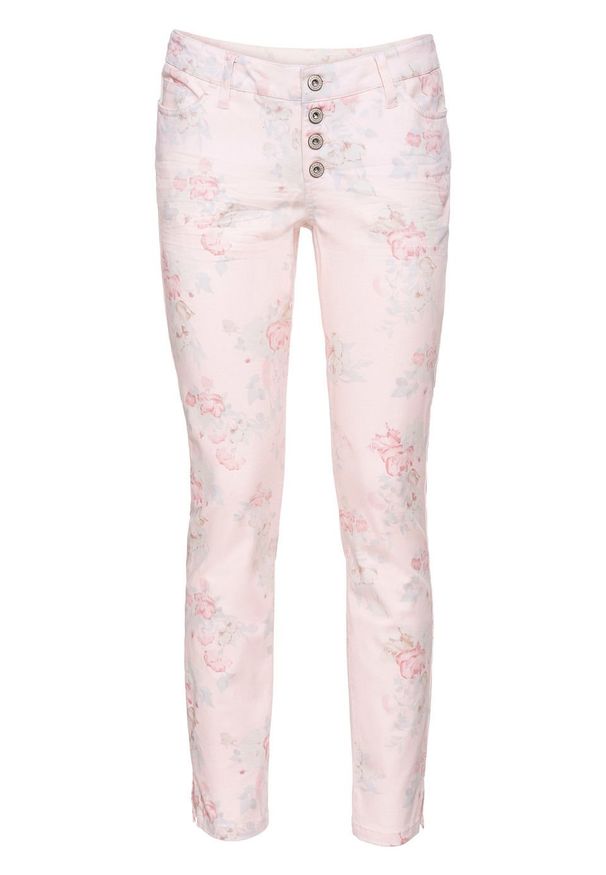 Spodnie ze stretchem SKINNY bonprix pastelowy jasnoróżowy w kwiaty. Kolor: różowy. Wzór: kwiaty