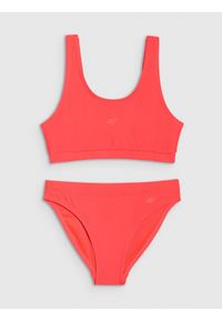 4f - 4F Kostium kąpielowy dwuczęściowy dziewczęcy - koralowy 146/152 (10-12 lat). Kolor: różowy. Materiał: guma, elastan, materiał, włókno, dzianina, syntetyk. Rodzaj stanika: wyciągane miseczki. Wzór: jednolity #1
