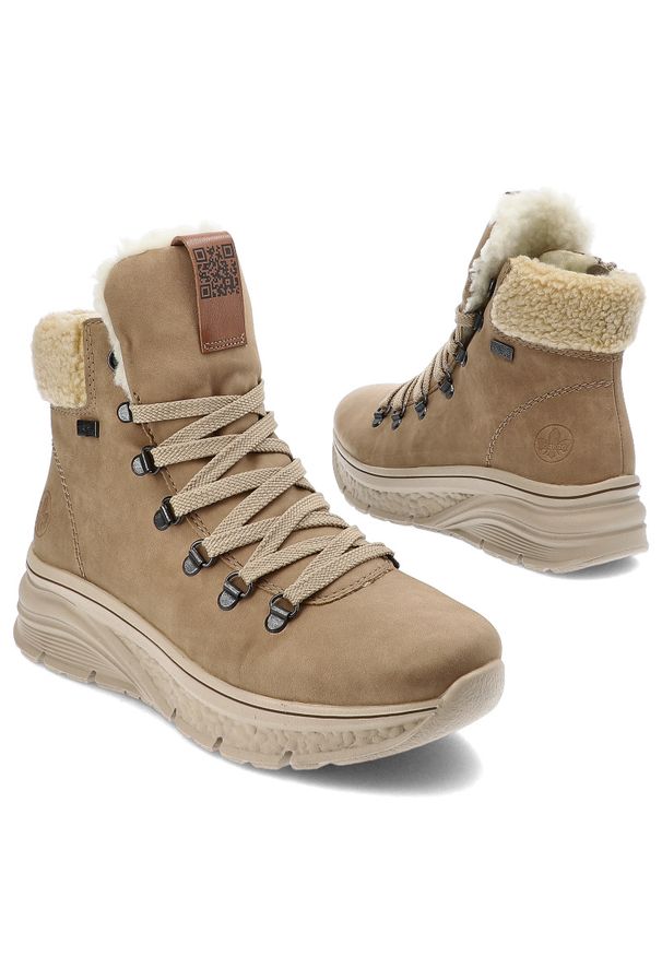 Brązowe Botki Rieker Ocieplane Obuwie Damskie. Okazja: na co dzień, na spacer. Kolor: beżowy. Materiał: skóra ekologiczna. Szerokość cholewki: normalna. Obcas: na obcasie. Styl: elegancki, klasyczny, casual. Wysokość obcasa: średni