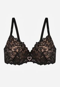 Born2be - Czarno-Beżowy Biustonosz z Koronką i Sercem z Cyrkonii Coratune. Kolor: czarny. Materiał: koronka. Wzór: koronka #4