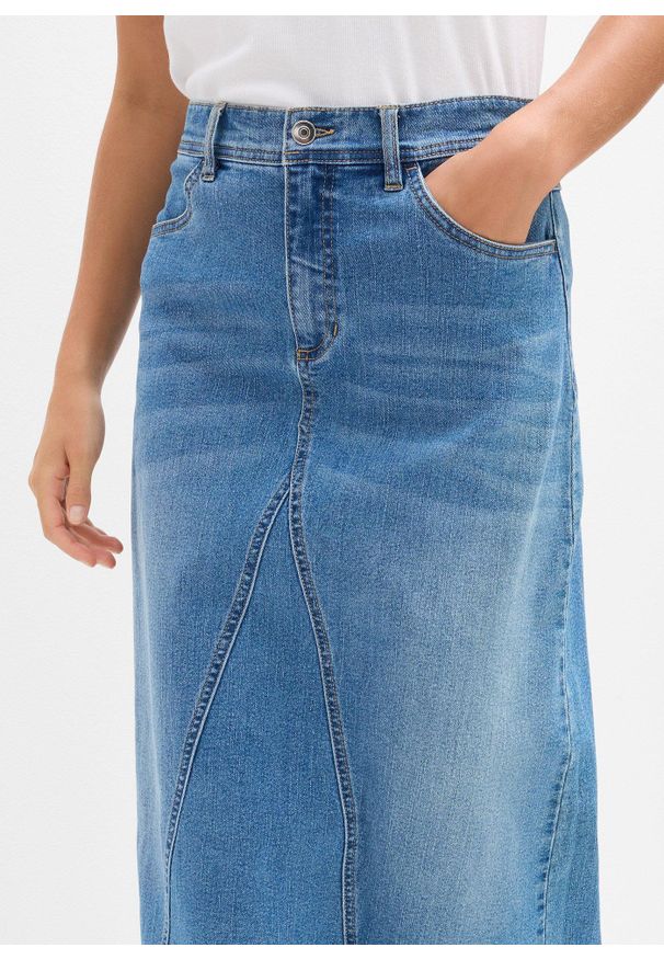 bonprix - Spódnica dżinsowa ze stretchem, High Waist. Stan: podwyższony. Kolor: niebieski
